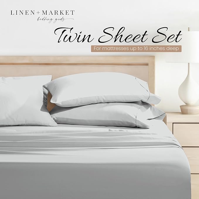 Linen Market Brushed Microfiber Twin XL Sheet Set 3 Piece – Oeko-TEX Certified Ultra Soft & Wrinkle-Free - 16" Deep Pocket Sheets - Easy Care Twin XL Size - Light Gray