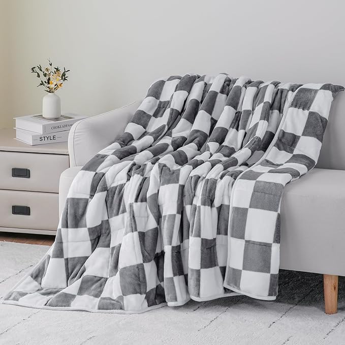 Uttermara Weighted Blanket Queen Size(15lbs, 60" x 80", Plaid Grey), Double Side Premium Soft Flannel Fleece Weighted Throw Blanket, Reversible Checkerboard Print Heavy Blanket for Adults Couch Bed