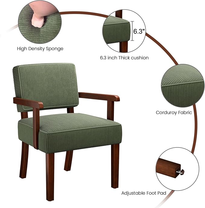 Corduroy Accent Chair, Mid Century Modern Armchairs with Solid Wood Frame, Oversized Reading Leisure Chair for Living Room, Bedroom (Corduroy Green, One Chair)
