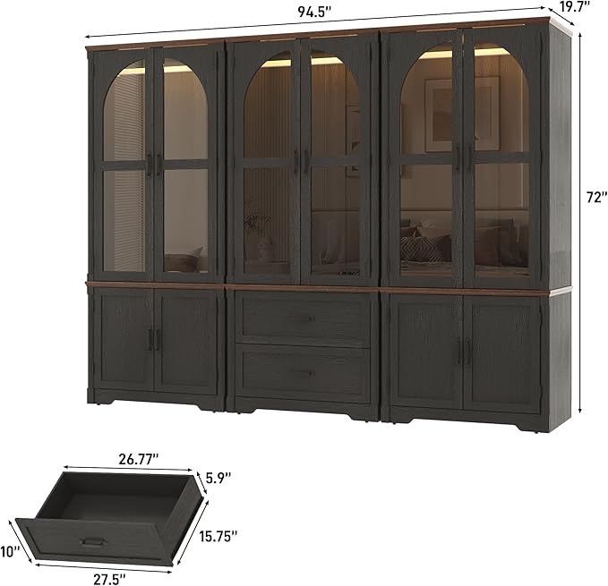 Tall Farmhouse 6 Doors Armoire Wardrobe Closet with LED ,72" Freestanding Arched Wardrobe Closet Cabinet for Bedroom w Glass Doors/Drawers,Wooden Clothing Storage Cabinet,Closets for Bedroom(Black)