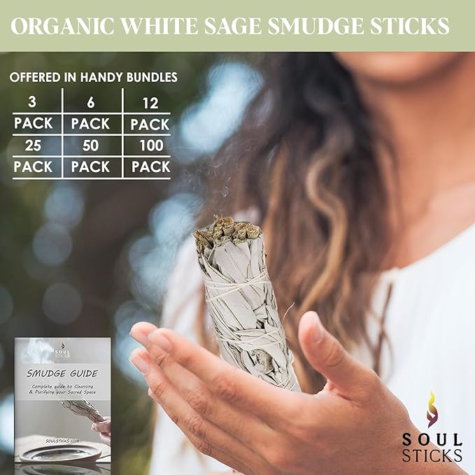 SOUL STICKS 4 Inch 6-Pack Organic California White Sage Smudge Sticks Bulk for Home Cleansing, Negative Energy Removal, Good Energy Meditation & Smudging Rituals | Pure Sage Bundles