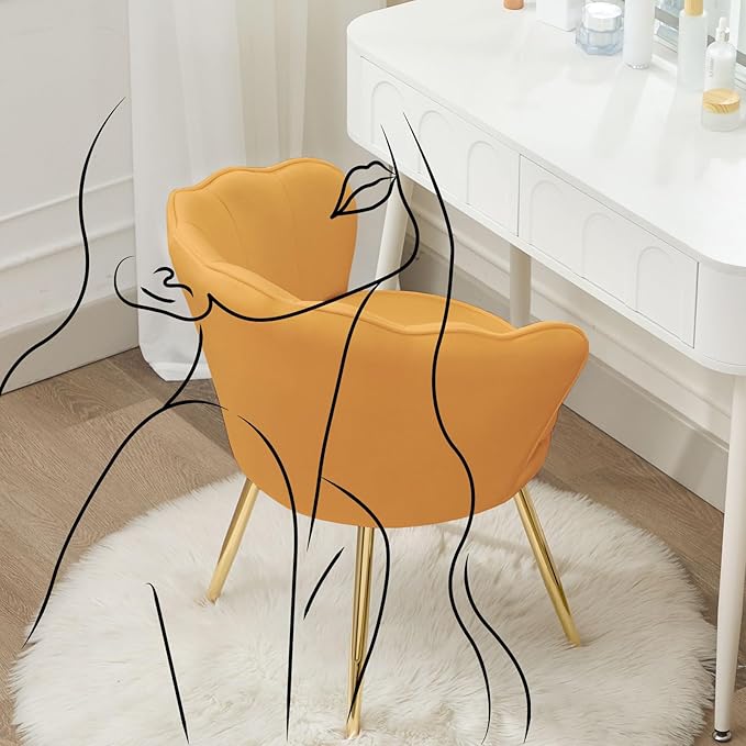 Velvet Vanity Chair with Back, Mid-Century Modern Small Accent Chair for Living Room, Golden Metal Legs Upholstered Makeup Chair, 1Pcs Bedroom Armchair, Brown