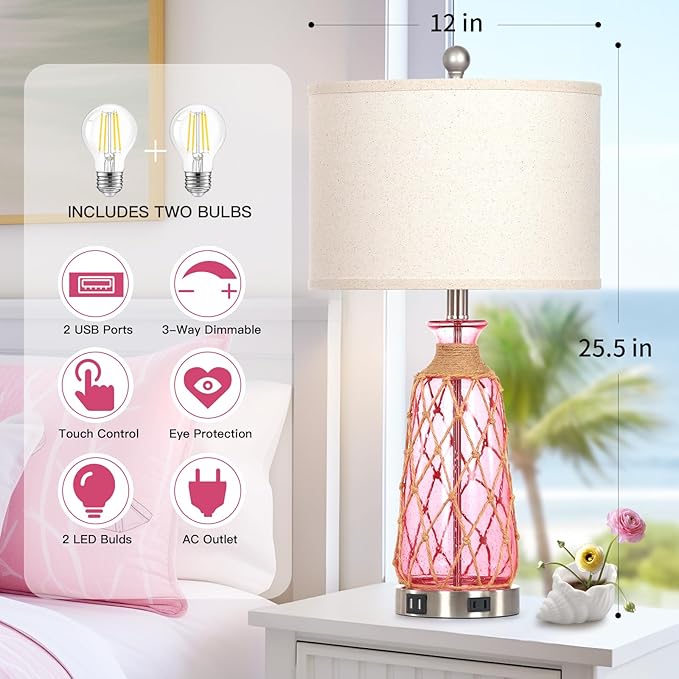 25.5" Coastal Glass Table Lamps Set of 2, 3-Way Dimmable Touch Control Bedside Lamps with 2 USB Ports and AC Outlet, Pink Nautical Nightstand Lamps for Bedroom Living Room (LED Bulbs Included)