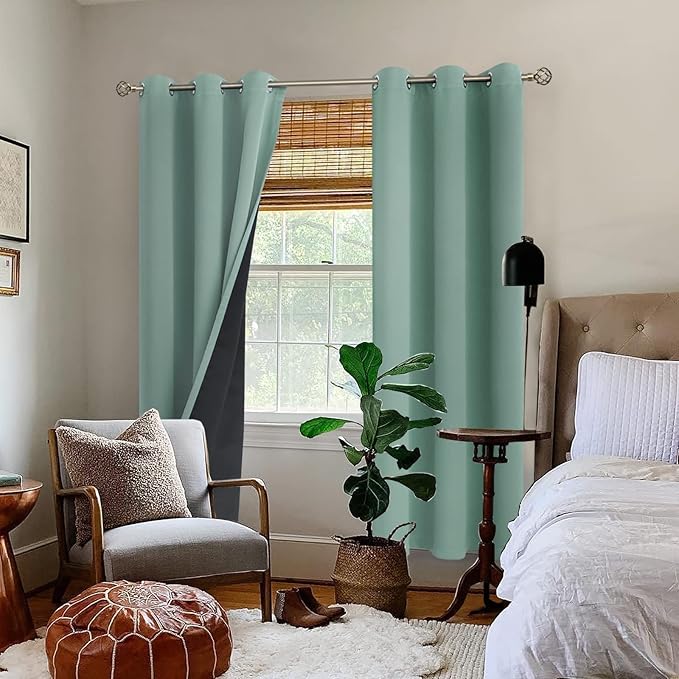 BGment Thermal Insulated 100% Blackout Curtains for Bedroom with Black Liner, Double Layer Full Room Darkening Noise Reducing Grommet Curtain (42 x 84 Inch, Frosty Green, 2 Panels)