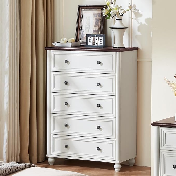 White Dresser for Bedroom, Farmhouse Tall Chest of Drawers Dresser Elegant Large Storage Dressers Organizer with Solid Wood Legs and Metal Handle Closet for Living Room, Hallway Entryway