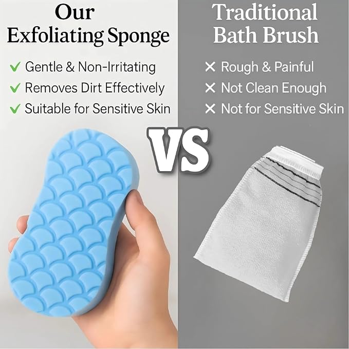 Skin Scrubber Exfoliator - 3D Super Soft Body Scrub Sponge for Dead Skin Removal, Reusable Skin-Friendly Exfoliator Also a Gentle Bath Sponge for Baby, for Adults, Kids & Pregnant Women (Blue+Pink)