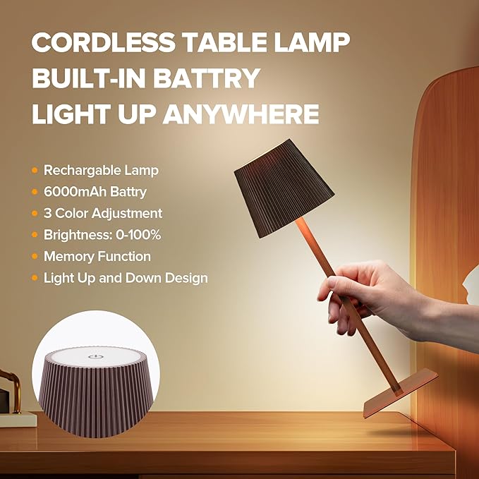 LUTEC 4 Pack Cordless Table Lamp,6000mAh Rechargeable Battery Operated Desk Lamp,Two Adjustable Heights,Waterproof, Touch Control & 3 Color Stepless Dimming for Restaurant/Bedroom/Bars/Outdoor (Brown)