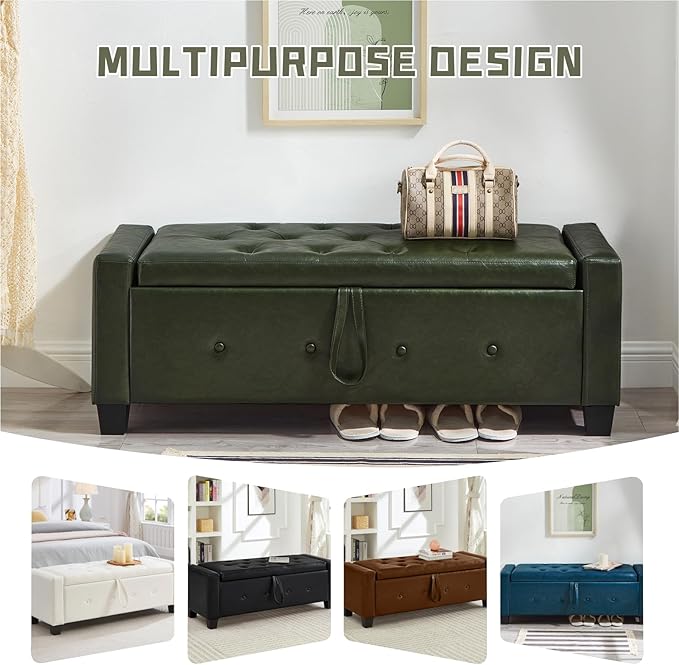 48" Storage Ottoman Bench, Upholstered Button-Tufted End of Bed Bench with Soft-Close Hinge & Solid Wood Legs, Foot Rest for Living Room, Bedroom, Hallway (Faux Leather, Dark Green)