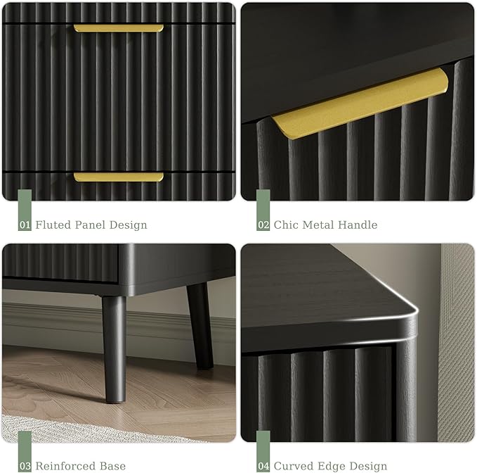 LYNSOM Fluted Dresser and Nightstand Sets 3 Piece, 6-Drawers Dresser and 1-Drawer Nightstands Set of 2, Wood Bedroom Furniture Set for Home, Bedroom, Hallway, Black