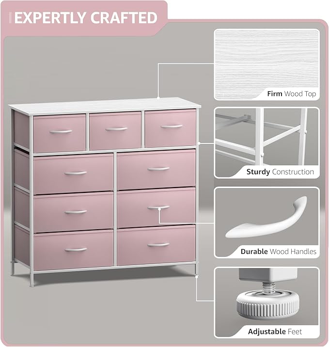 Sorbus Dresser with 9 Drawers - Furniture Storage Chest Tower Unit for Bedroom, Hallway, Closet, Office Organization - Steel Frame, Wood Top, Fabric Bins (Solid Pink, Solid)