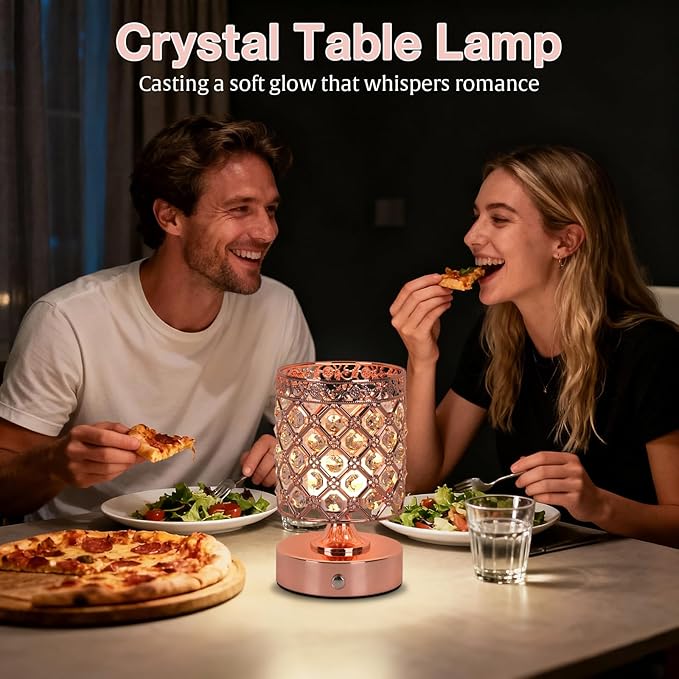TOBUSA Crystal Cordless Table Lamp Rechargeable, Portable 6000mAh Battery Operated Lamp with 3 Color Temps & Stepless Dimming, Bedside Touch Small Desk Lamp, Rose Gold LED Night Light for Bedroom Bar
