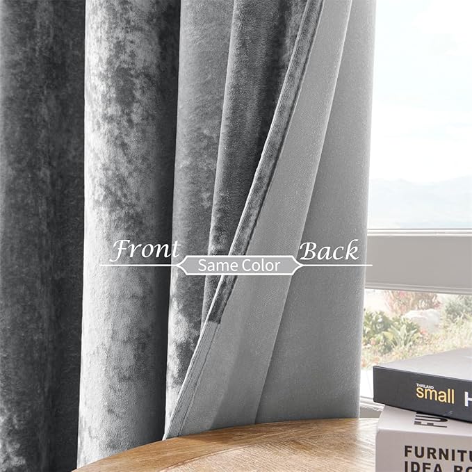 SMILETIME Grey Crushed Velvet Curtains 52x96 inch Luxurious Thermal Insulated Soundproof Drapes for Living Room Bedroom Office Soft and Durable Light-Filtering Window Treatments, 2 Panels