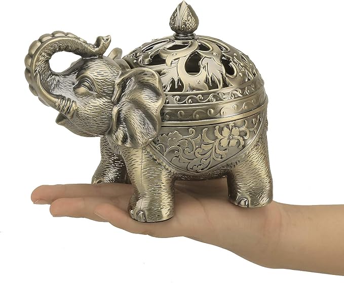 K COOL Metal Backflow Incense Holder Elephant Cone Coil Incense Burner Ash Catcher with Lid, Aromatherapy Ornament Home Office Decoration for Indoor Outdoor (Bronze)