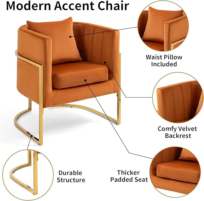 Velvet Modern Accent Chair, Upholstered Barrel Armchair Mid Century with Pillow for Living Room, Comfy Single Vanity Chair with Metal Gold Legs for Bedroom, Orange