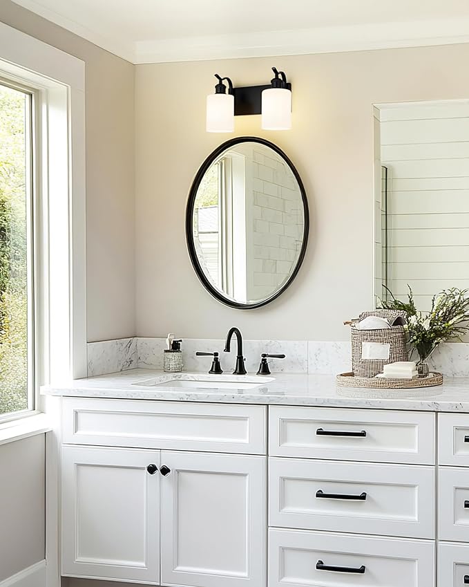 Black Vanity Light, 2-Light Bathroom Light Fixture, Modern Wall Sconce with Milk Glass, VL01BKW-2