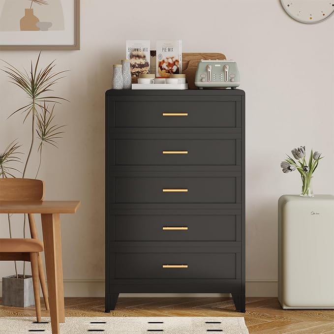 5 Drawer Dresser, Metal Tall Dresser for Bedroom, Black Bedroom Dressers with Drawers, Curved Corner Design Dressers & Chest of Drawers, Storage Cabinet for Hallway, Entryway (Black)