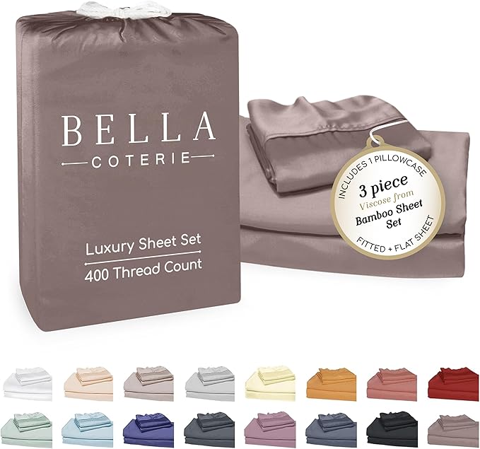 Bella Coterie Luxury Bamboo Viscose Twin Size Sheet Set | 100% Organically Grown | Ultra Soft | Cooling for Hot Sleepers | 18" Deep Pocket [Mocha]