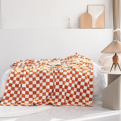 LOMAO Throw Blankets Flannel Blanket with Checkerboard Grid Pattern Soft Throw Blanket for Couch, Bed, Sofa Luxurious Warm and Cozy for All Seasons (Orange, 50"x60")