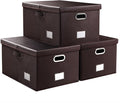 PRANDOM Collapsible Storage Box with Lid [3-Pack] Leather Fabric Foldable Storage Bin Organizer Container Basket Cube with Cover for Home Bedroom Closet Office Nursery Brown(22.8X15.7X11.8)