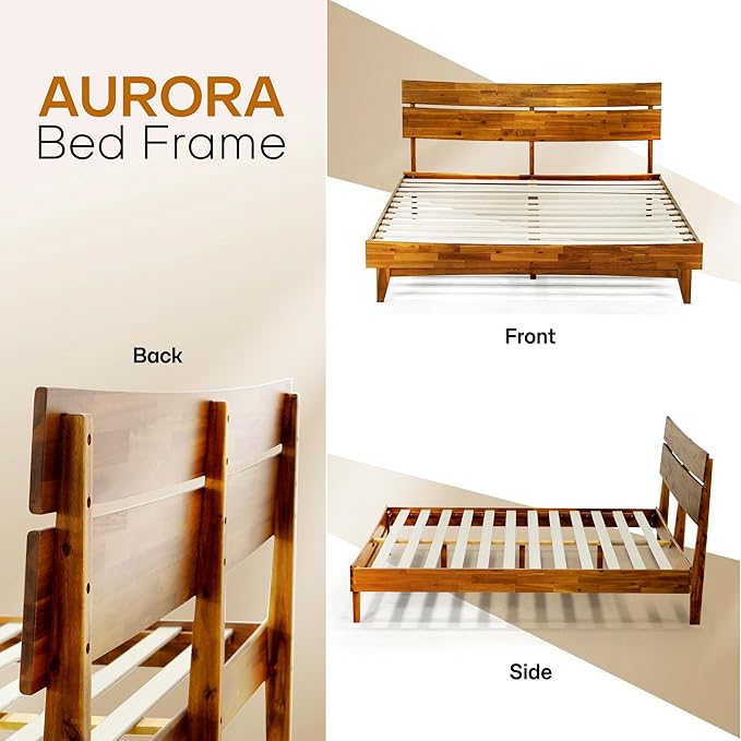 Acacia Aurora 800 lbs Capacity Queen Bed Frame and Headboard Solid Wood Platform Bed, Contemporary Signature Wood Bed Frame Compatible with All Mattress Types 30 Mins Assembly, Caramel