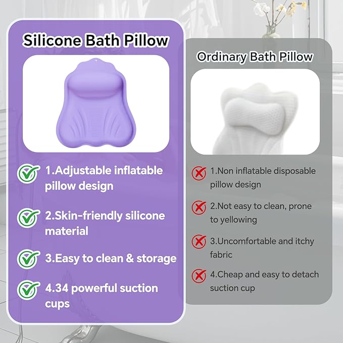 Silicone Bath Pillow for Tub Adults, 4D Air-Cushion Bathtub Pillow for Head Neck and Back Support, Non-Slip Suction Cups, Quick-Drying Waterproof Spa Pillow, Easy to Clean & Store