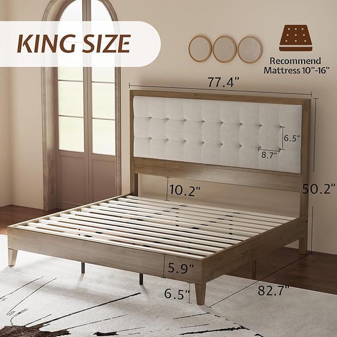 Jocisland Wood King Size Bed Frame,Tall Upholstered Tufted Headboard, Solid Wood Platform, No Box Spring Needed, Ash Gray