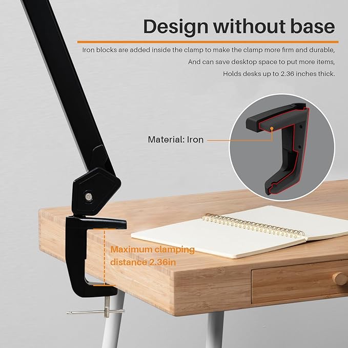 LED Architect Desk Lamp, 4500 Lumens, Dimmable, Metal Swing Arm, 5 Color Temperatures, 50W, Ideal for Task Work, Drafting, Reading, Clamp-on Office Table Lamp with 684 Bright LEDs (Black, CCT)