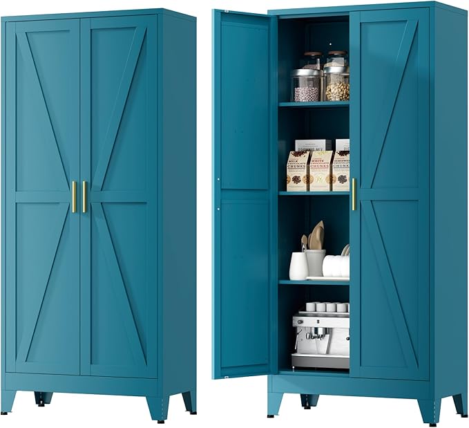 Farmhouse Pantry Cabinet with Barn Doors,61" H x 27.5" W,Metal Cabinet with Adjustable Shelves,4-Tier Storage Cabinet for Kitchen Dining Room Garage,Blue