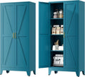 Farmhouse Pantry Cabinet with Barn Doors,61" H x 27.5" W,Metal Cabinet with Adjustable Shelves,4-Tier Storage Cabinet for Kitchen Dining Room Garage,Blue
