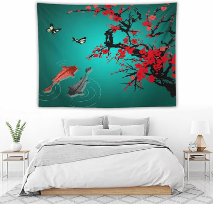 Houselerax Japanese Koi Fish Tapestry, Cherry Blossoms Asian Oriental Green Teal Floral Branch Koi Fish Carp Tapestries Wall Hanging for Bedroom Living Room Office Decor 80"x60"