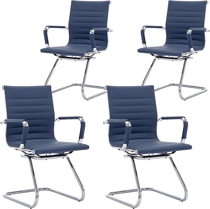 Wahson Office Guest Chairs Set of 4, Leather Reception Chairs, Mid Back Waiting Room Chair, Conference Chairs with Sled Base, Desk Chair No Wheels for Meeting/Lobby/Restroom, Navy Blue