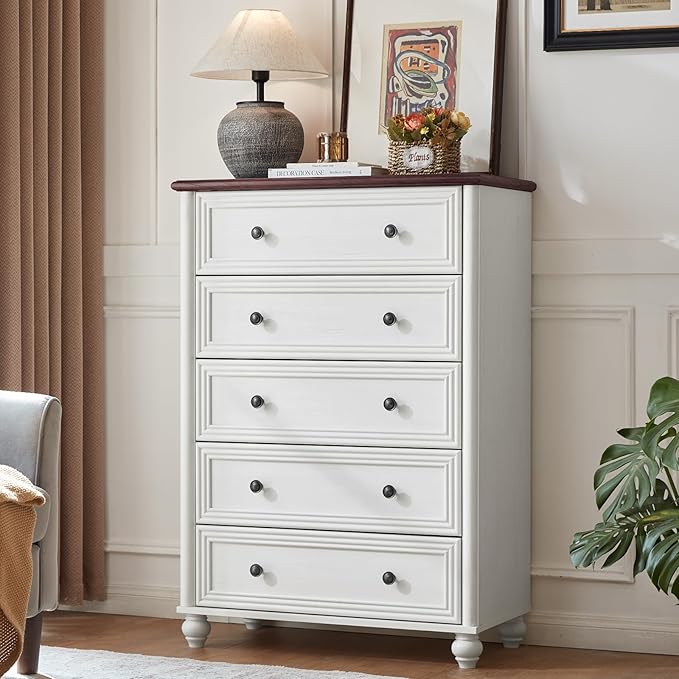 White Dresser for Bedroom, Farmhouse Tall Chest of Drawers Dresser Elegant Large Storage Dressers Organizer with Solid Wood Legs and Metal Handle Closet for Living Room, Hallway Entryway