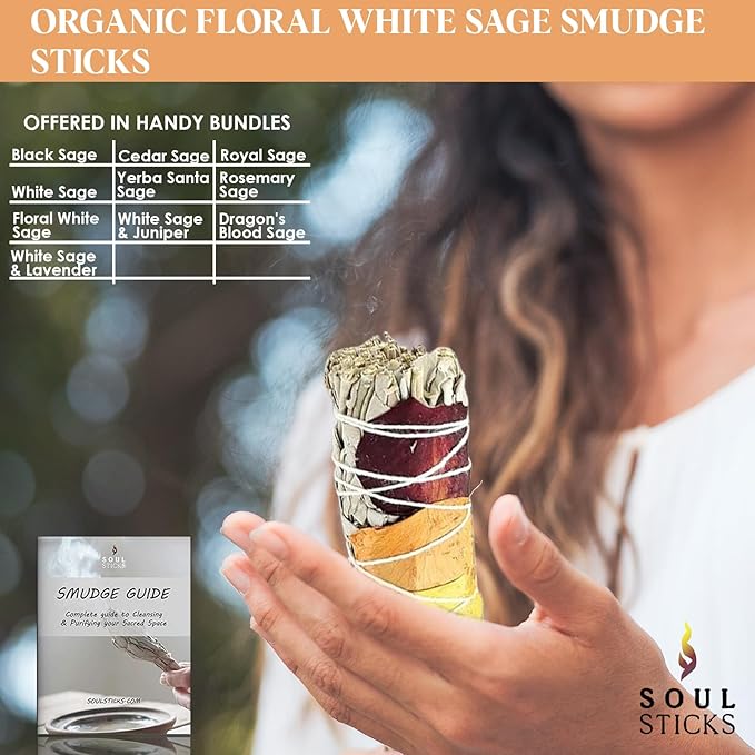Soul Sticks 1 Pack 9 Inch Floral White Sage Smudge Stick With Starter Guide | House Blessing | Cleansing and Negative Energy Removal | Big Smudge Stick