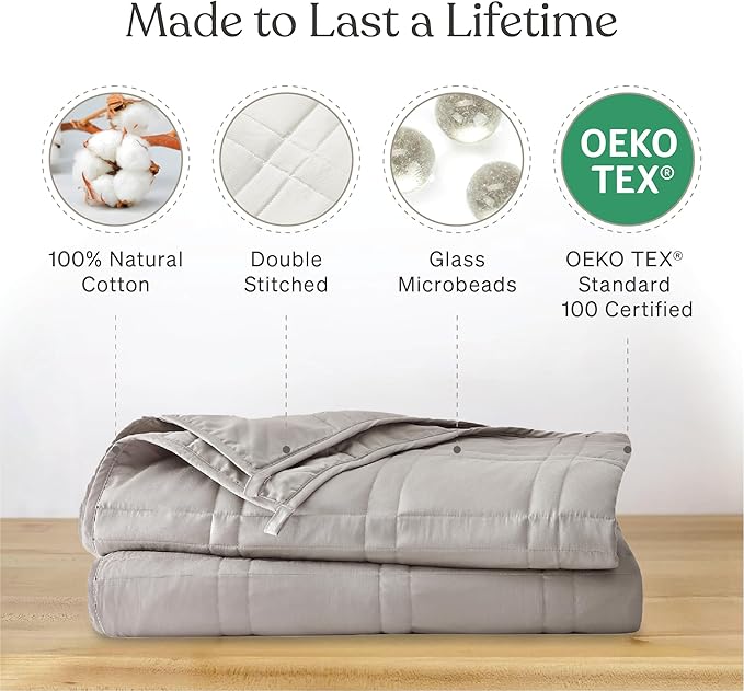 Baloo Weighted Blanket for Adults 15 lb (Silver Sage, 60"x80") | Cool & 100% Cotton | Machine Washable & Dryer Safe | Glass Microbead Fill