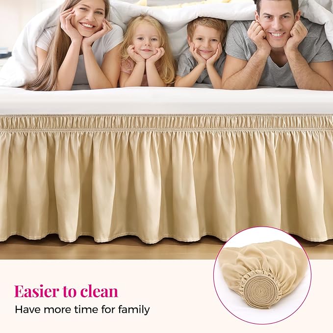 RIMELA Beige Bed Skirt King Size 15 Inch Drop, Wrap Around Elastic Bedskirt, Dust Ruffle for Adjustable Bed Base Machine Washable Easy to Install Bed Skirts