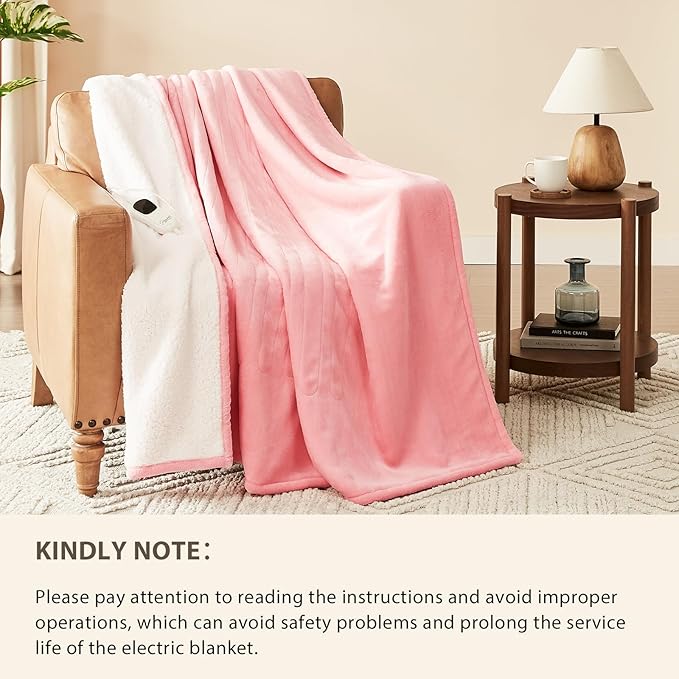 Homemate Electric Heated Blanket Twin Size - 62"x84" Heating Blanket Twin Size 1/2/4/6/8 Hours Auto-Off 10 Heat Level Over-Heat Protection Flannel Sherpa ETL Certification