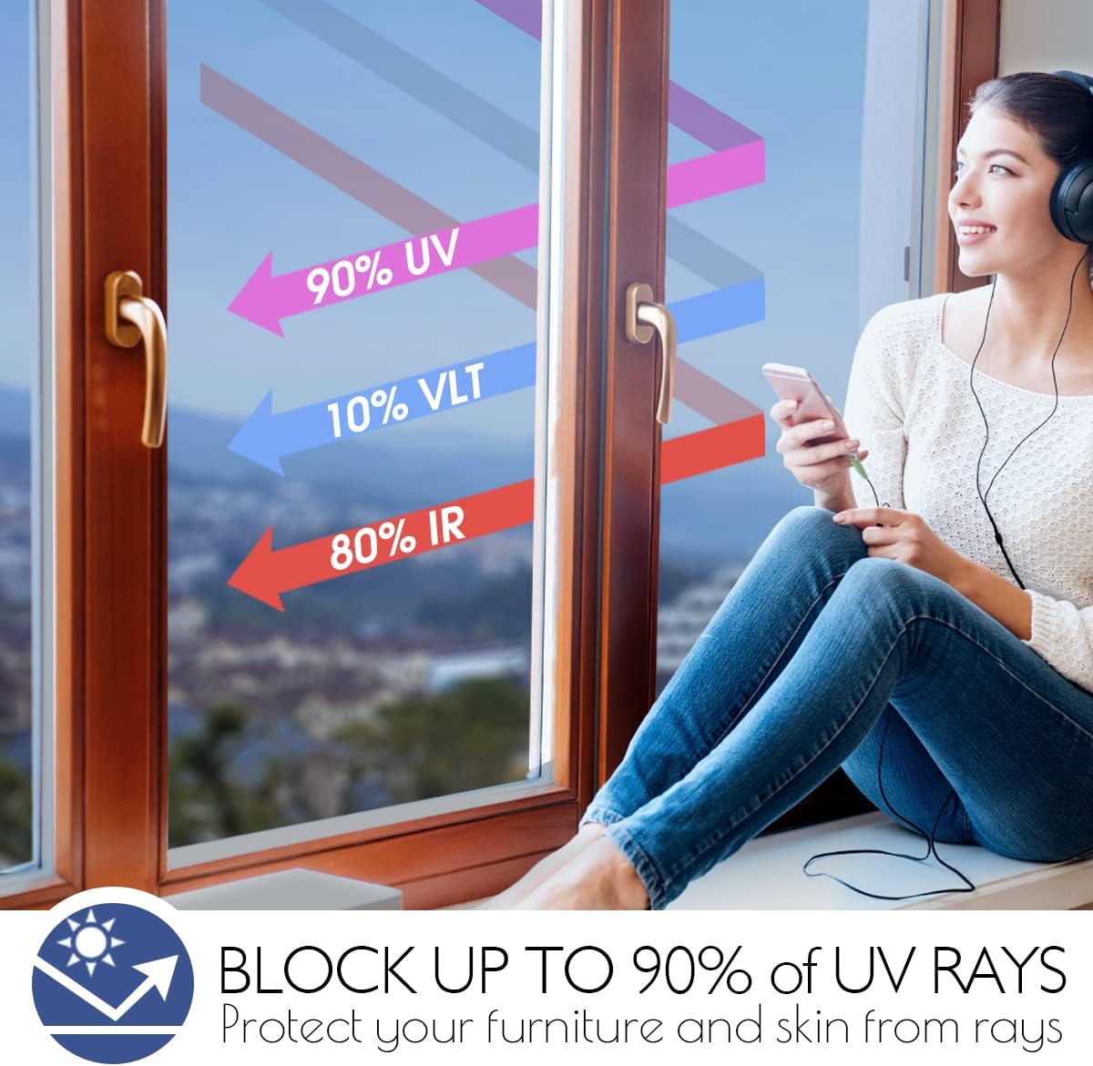 HIDBEA One Way Mirror Window Privacy Film Daytime, Heat Control Sun Blocking, Reflective Window Tint for Home Non-Adhesive Self Static Cling Window Sticker (Blue-Silver, 35.4 Inch x 16.4 Feet)