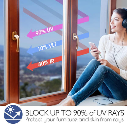 HIDBEA One Way Mirror Window Privacy Film Daytime, Heat Control Sun Blocking, Reflective Window Tint for Home Non-Adhesive Self Static Cling Window Sticker (Blue-Silver, 35.4 Inch x 16.4 Feet)