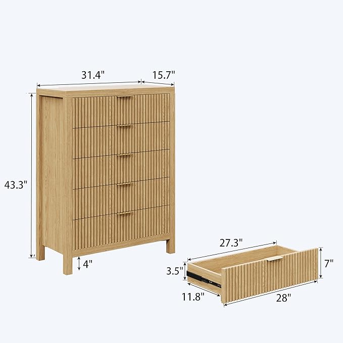5 Drawer Dresser, 43" Tall Dresser Organizer TV Drawer Cabinet Modern Wood Storage Cabinet, Modern Wood Storage Cabinet for Bedroom, Hallway, Entryway, Natural X 2