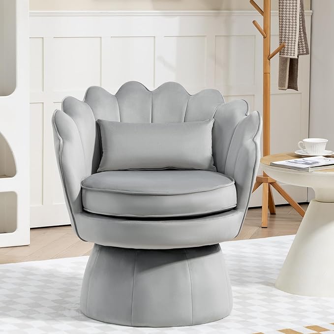 360° Swivel Accent Chair, Mid-Century Modern Velvet Barrel Chair, Comfy Shell Shape Arm Chair with Lumbar Pillow for Living Room, Bedroom, Office, Grey