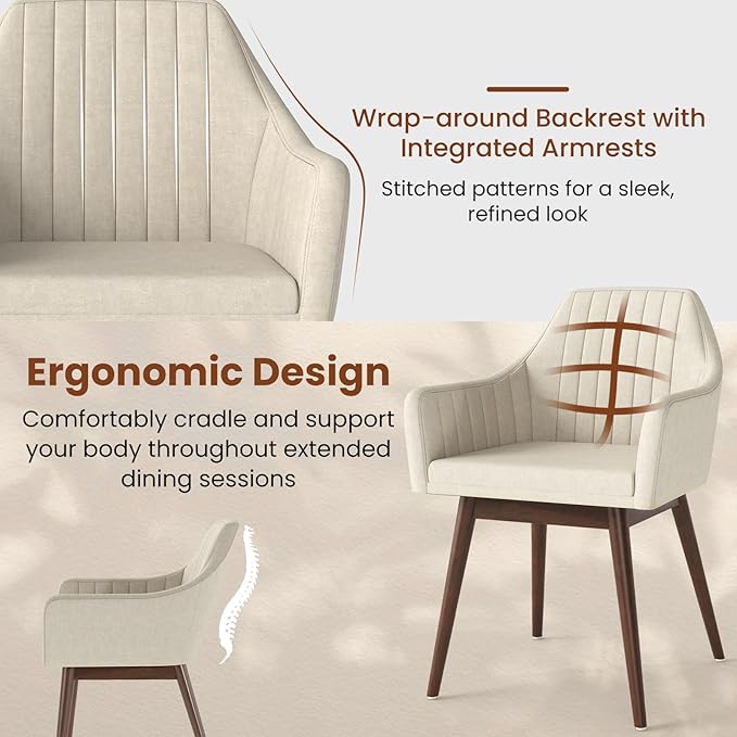 Giantex Upholstered Dining Chairs Set of 2, Mid Century Kitchen Chairs with Solid Wood Legs, Wrap-Around Backrest, Modern Accent Armchair for Living Room, Dining Room, Bedroom, Beige