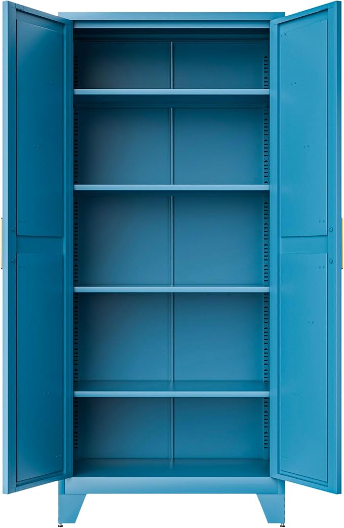 COFaR Home Farmhouse Storage Cabinet with Barn Door, Tall Kitchen Pantry Cupboard with Adjustable Shelves, for Dining Room, Bathroom, Living Room Blue.