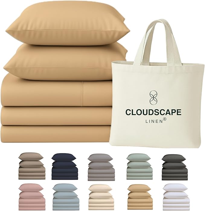 Cloud Scape Linen 100% Egyptian Cotton Split King Sheet Set for Adjustable Bed,400 Thread Count, 5 Pcs Bedding Set, Soft, Breathable and Durable, Deep Pockets up to 17, Linen