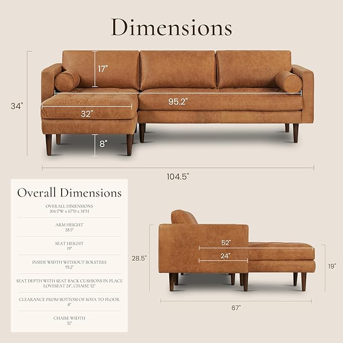 POLY & BARK Napa 104.5" Left-Facing Sectional Sofa – Cognac Tan Full-Grain Pure-Aniline Italian Leather, Feather-Down Cushions, Kiln-Dried Solid Wood Frame, Walnut Legs