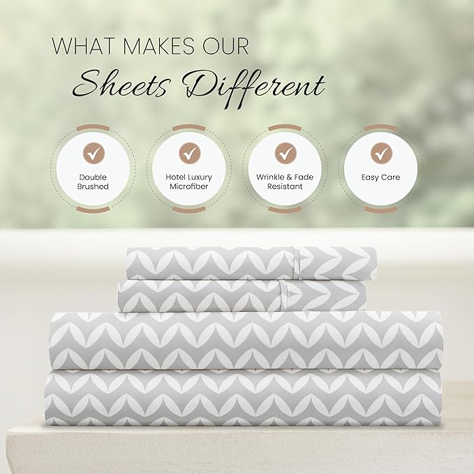 Linen Market Double-Brushed Patterned Microfiber California King Sheet Set 4 Piece – Oeko-TEX Certified Ultra Soft & Wrinkle-Free - 16" Deep Pocket Sheets Easy Care Cal-King Size - Chevron Light Gray