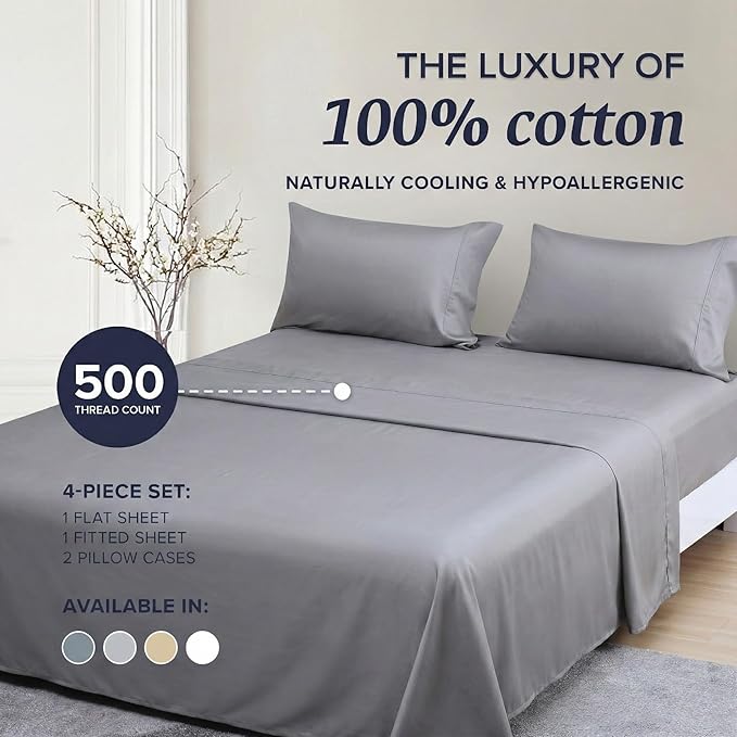Beckham Hotel Collection Full Sheet Set 100% Cotton, 500TC Luxury Sateen Bedding, 16” Deep Pocket, Moisture-Wicking, 4-Piece, Dark Gray