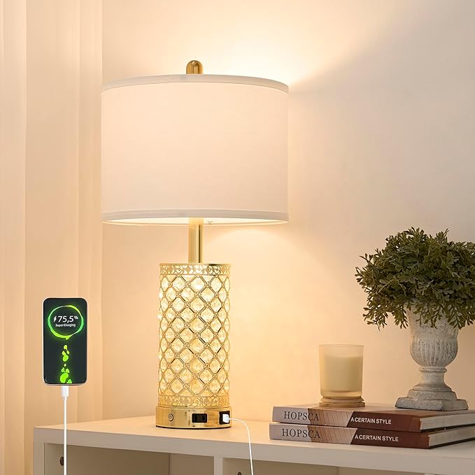 Crystal Table Lamps Modern 3-Way Dimmable Bedside Lamp with 2 USB Ports & AC Outlets for Living Room Bedroom Nightstand Lamp Night Light (Gold- 1 Pack 24In)