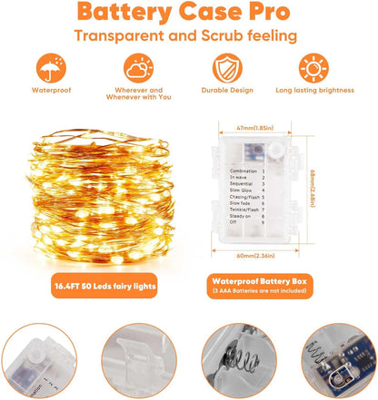 1 Pack 16.4 Ft. Battery Operated Outdoor String Lights with Remote & Timer, LED Warm White Fairy Lights, Waterproof Twinkle Lights for Bedroom, Dorm, Mason Jar, Wedding, Party, Christmas