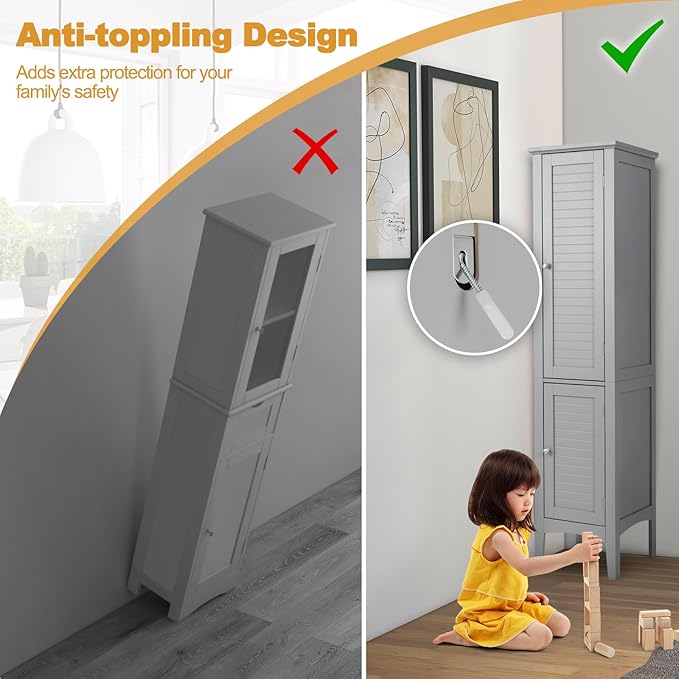 COSTWAY Tall Bathroom Storage Cabinet, 5-Tier Freestanding Linen Tower Cabinet with 2 Doors, Wooden Side Storage Organizer, Narrow Slim Floor Cabinet for Bathroom, Living Room, Kitchen (Grey)