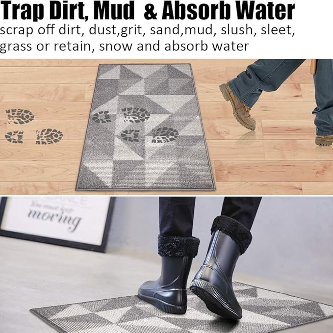 Indoor Doormat 24"x 36", Absorbent Front Back Door Mat, Rubber Backing Non Slip Floor Mats Inside Mud Dirt Trapper Outside Entrance Front Door Rug Carpet, Machine Washable Low Profile - Grey Geome